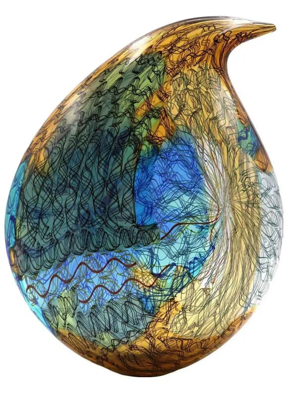 Blown art glass teardrop vase in blue, green, and amber